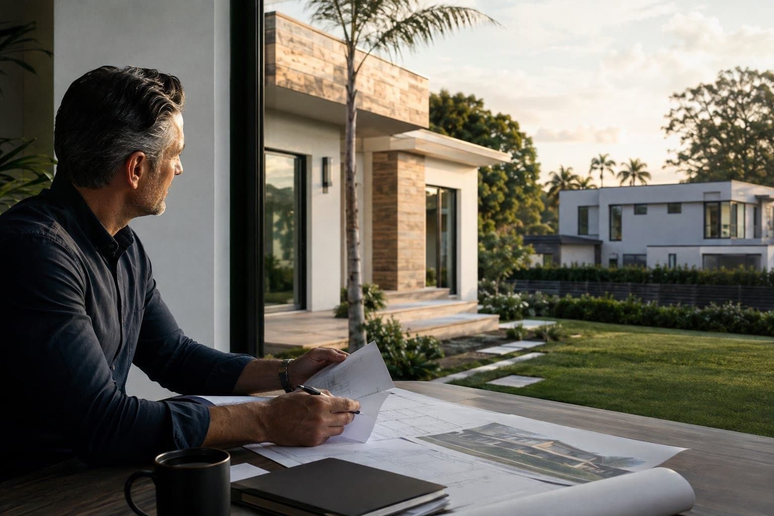 An investor reviews plans overlooking a residential property