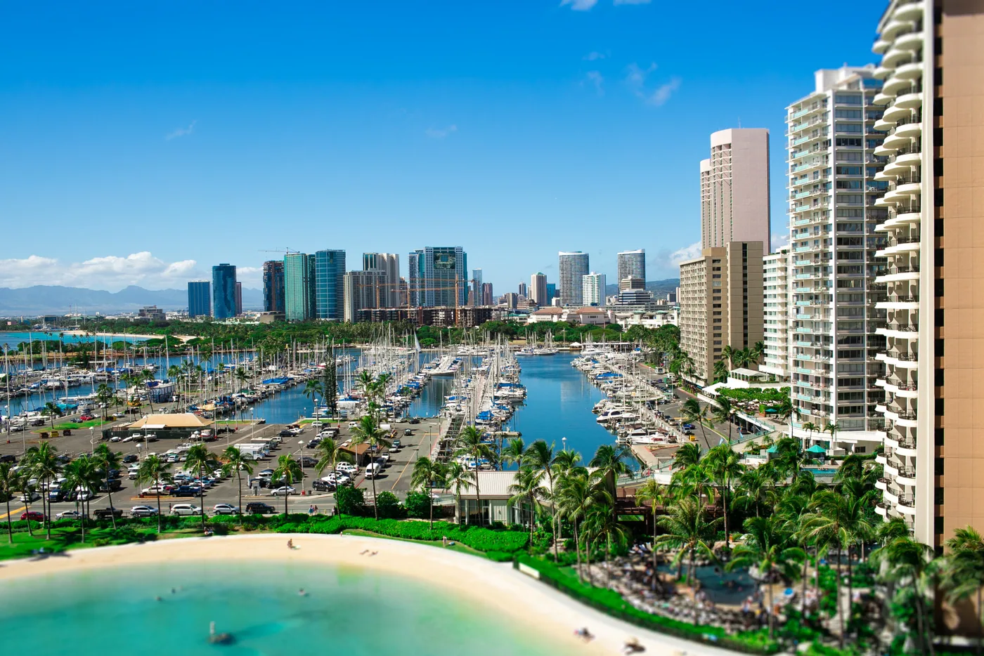 City skyline above a coastal bay
